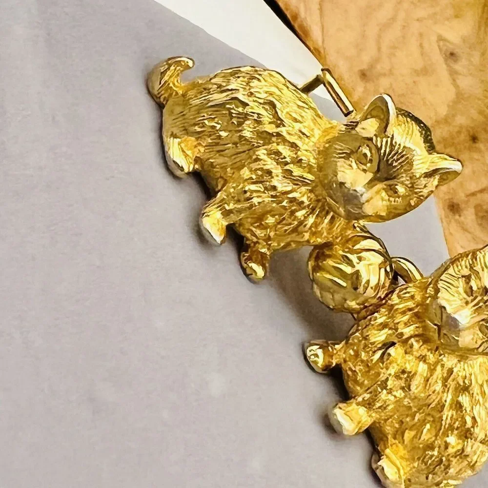 Vintage 3D Mimi Di N Gold Tone Double Cat Yarn Belt Buckle Kittiy Kittens 4287
